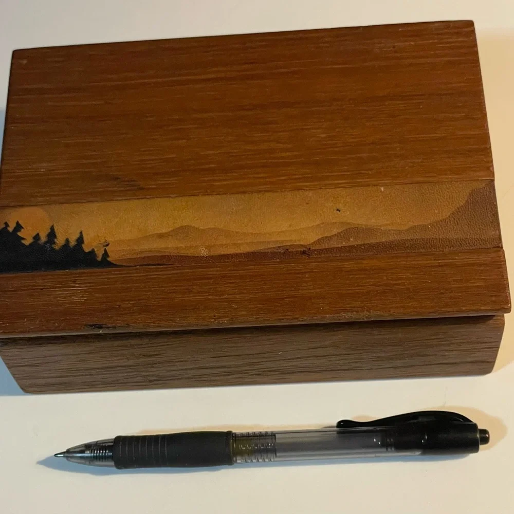 Vintage Handmade Trinket/ Jewelry Box Solid Walnut Wood w/leather landscape